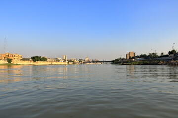 Fototapeta premium Baghdad, Bagdad, Iraq - November 15 2024: Outdoor view of Tigris riverbank from the river