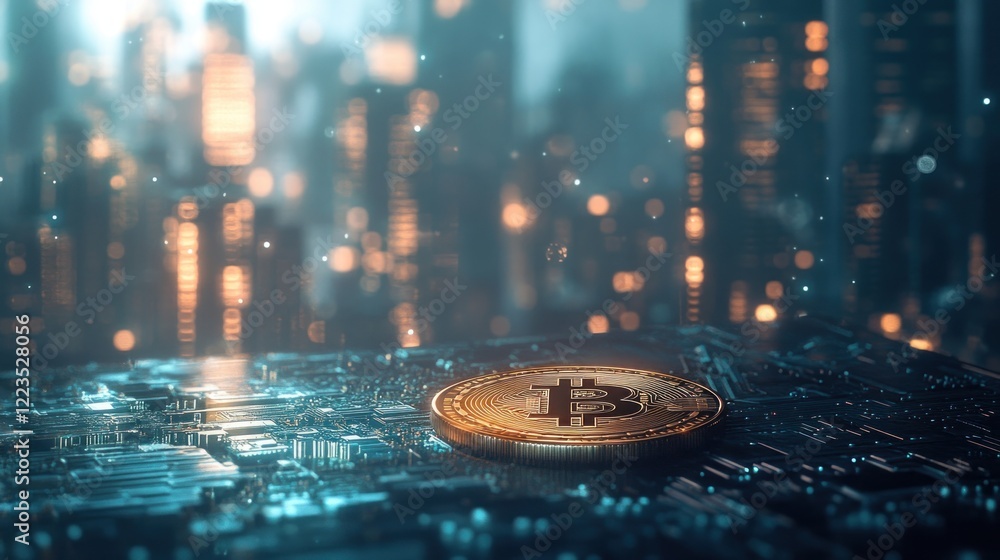 Poster bitcoin cryptocurrency on futuristic circuit board background