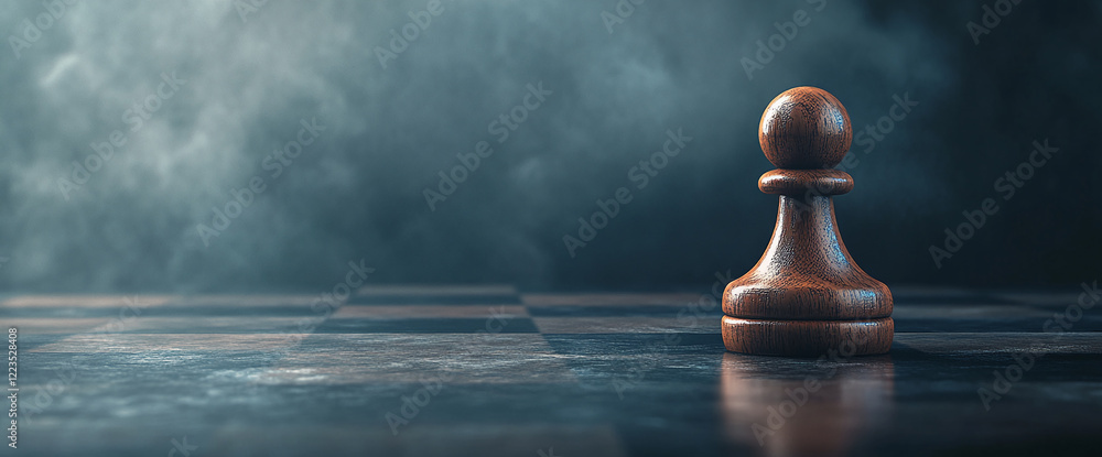 Poster a single wooden pawn on a chessboard surrounded by mist and shadows, symbolizing strategy, isolation