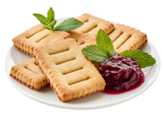 a crumbly rectangular cookies with jam filling on a plate isolated on a transparent background 
