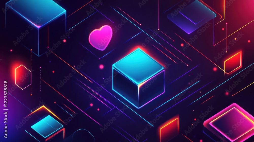 Poster abstract neon geometric shapes with heart design