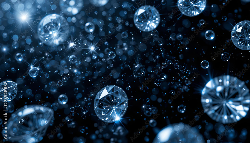 Poster An array of glittering diamonds and glistening water droplets float in the air, with light reflecting brilliantly in a dark setting, creating a mesmerizing display of brilliance