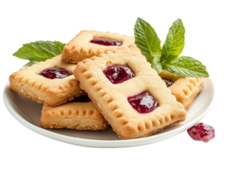 a crumbly rectangular cookies with jam filling on a plate isolated on a transparent background 