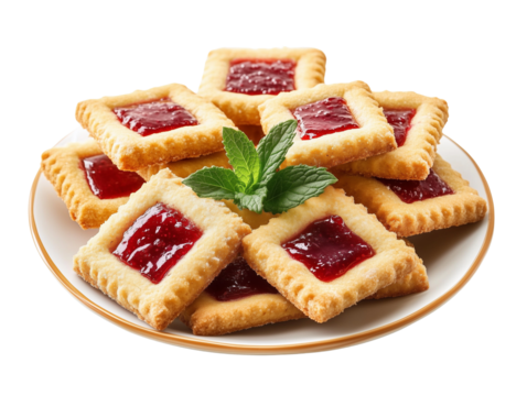 a crumbly rectangular cookies with jam filling on a plate isolated on a transparent background  - Powered by Adobe