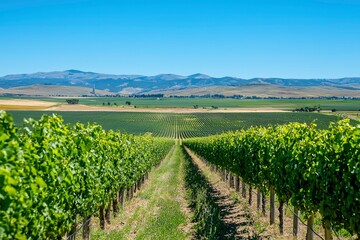 Naklejka premium Vineyard Rows Stretch Towards Distant Mountains Under Blue Sky