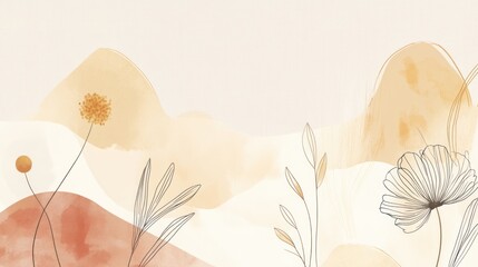 Abstract Watercolor Landscape with Minimalist Floral Designs