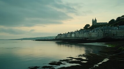 Coastal Town Houses and Church at Sunset