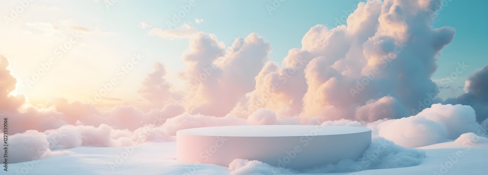 Poster a podium set on a pristine white snowfield, with soft clouds floating in a pale blue sky and golden 