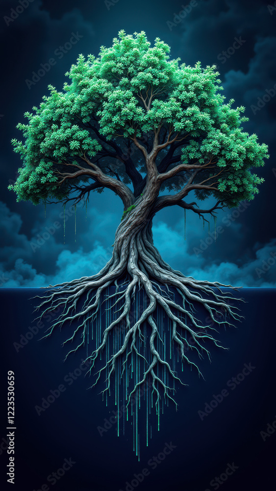Poster tree with roots connected to a circuit board.