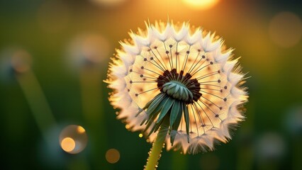 Obraz premium Macro photography of a dandelion seed head with dewdrops at sunrise 