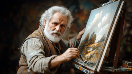 An ancient time artist painting on a canvas. 