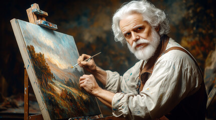 An ancient time artist painting on a canvas. 