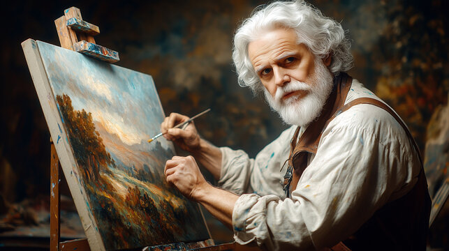 An ancient time artist painting on a canvas. 