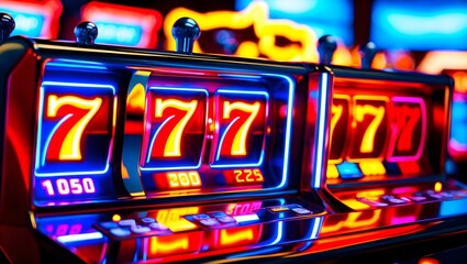 Casino Jackpot 777, neon casino slots machine, Casino slot machine jackpot lights flashing as winner celebrates, Lucky Number 777, Neon slot machine displaying three sevens, vibrant and exciting