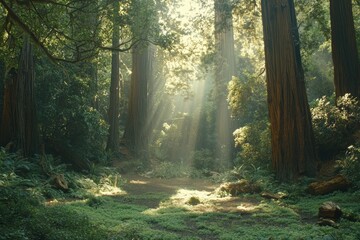 Fototapeta premium Sunbeams Illuminate Redwood Forest Path