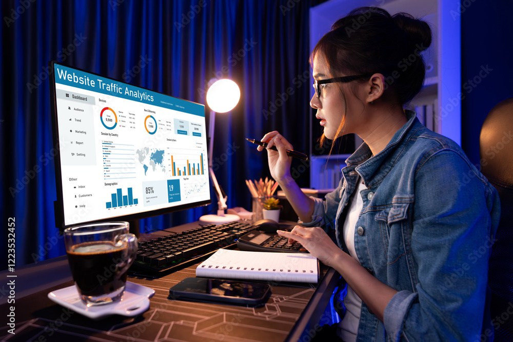 Aufkleber computer software for website traffic analytics data on computer screen. concept of seo search engin