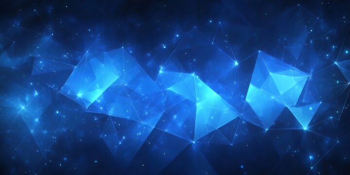 Dynamic composition of interconnected blue polygons and stars creating a futuristic, digital network against a dark cosmic background