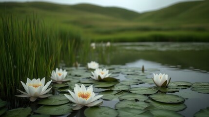 Serene Water Lilies Bloom in Peaceful Pond Setting
