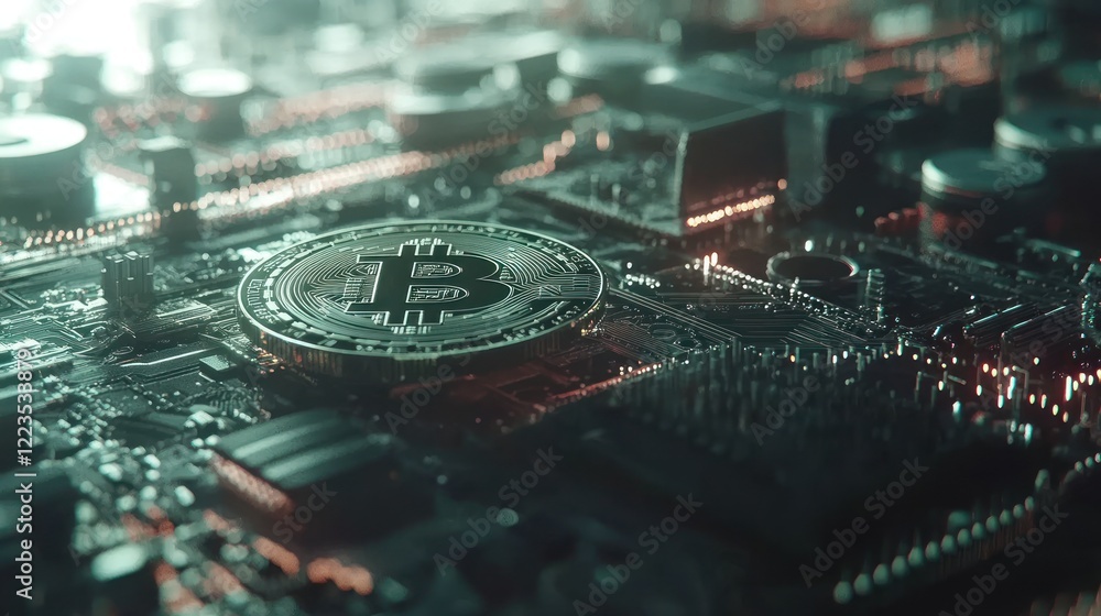 Poster bitcoin cryptocurrency coin on circuit board