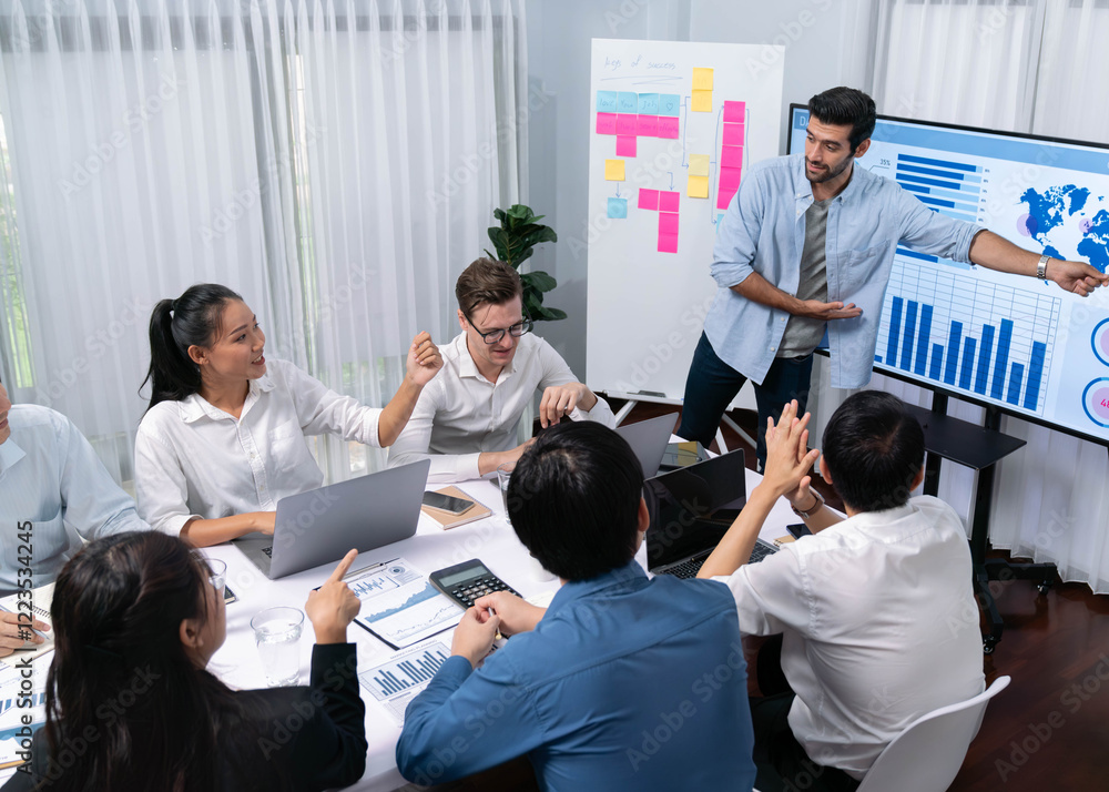 Fototapete presentation in office or meeting room with analyst team utilizing bi fintech to analyze financial d