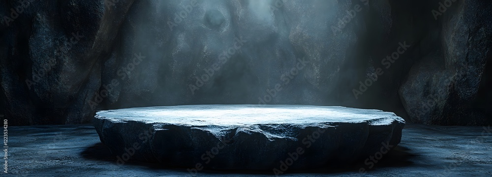 Poster a podium crafted from dark stone, positioned in the middle of a cavern with soft ambient light illum