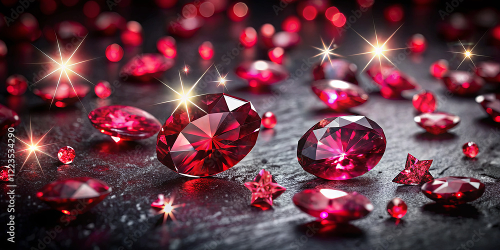 Poster red gemstones of various shapes and sizes are scattered across a dark textured surface, reflecting l