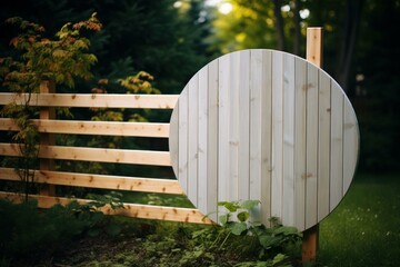 Naklejka premium Circular wooden panel attached to a post complements a modern wooden fence in a green garden, creating a unique and stylish design