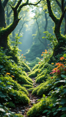 Obraz premium A serene forest path with mossy rocks and vibrant flowers leading towards a technologically advanced city entrance under lush trees.