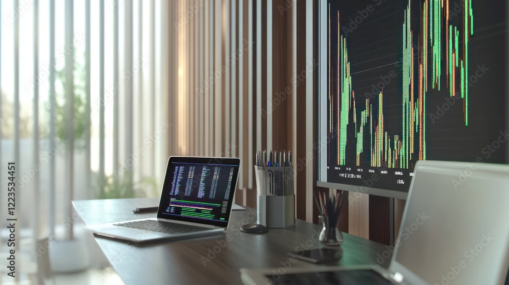 Poster modern workplace featuring stock market data and code