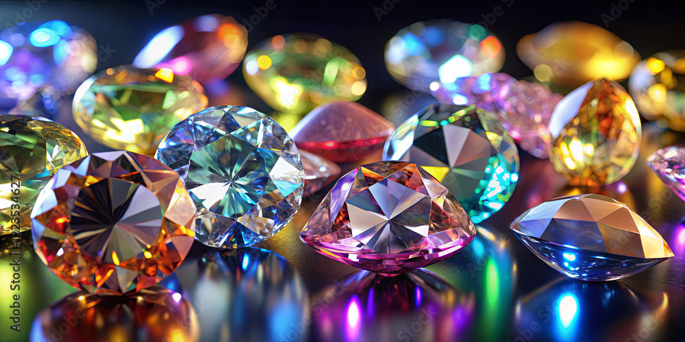 Poster a captivating display of various gemstones glimmers under soft lighting, revealing a spectrum of col