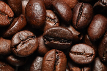 A macro close-up of roasted coffee beans showcasing their rich brown color, detailed texture, and natural oils. The beans are tightly packed, emphasizing their unique shapes and surface patterns.
