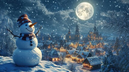 Festive winter night with snowman overlooking village under full moon