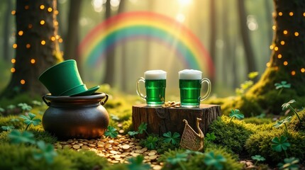 Whimsical St Patricks Day celebration with pot of gold and green drinks