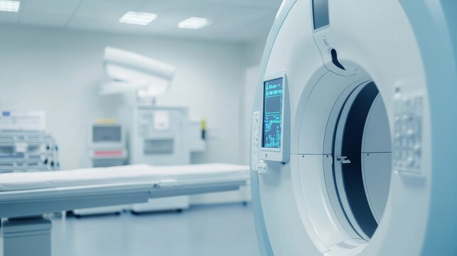 A high-resolution medical imaging scanner with a modern interface in a clean, professional healthcare setting, featuring advanced diagnostic capabilities