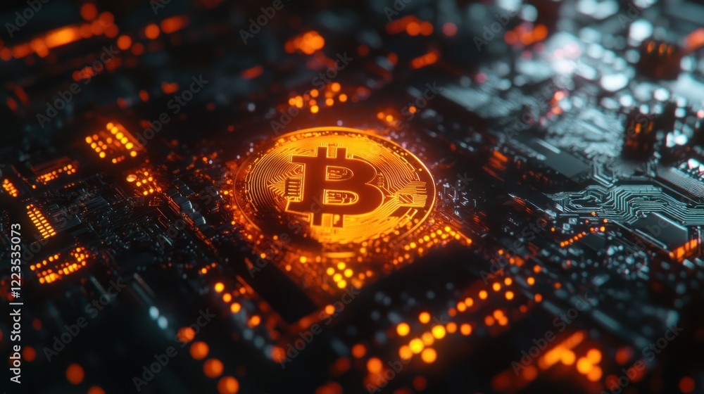 Poster Glowing Bitcoin on a Circuit Board Display