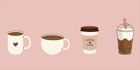  Flat-style coffee illustration featuring various cups and a takeaway beverage. Ideal for cafe branding, menu designs, and creative projects.