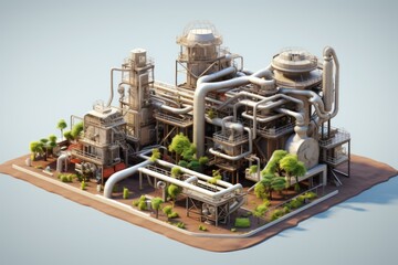 Futuristic industrial plant coexists with nature, showcasing green technologies and sustainable practices