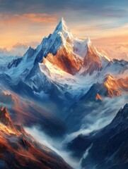 Majestic snowy mountain peaks at sunset over the valley