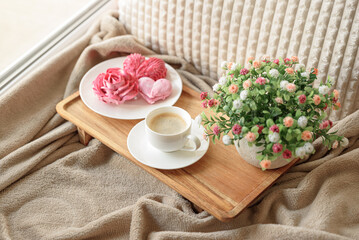 Cozy Valentine's Day Morning: coffee with rose and heart shape marshmallow