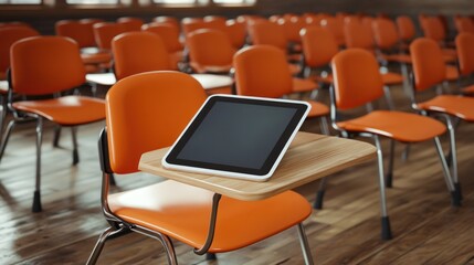 Tablet on Desk in Classroom of Orange Chairs