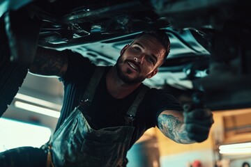 Mechanic inspecting car underside.