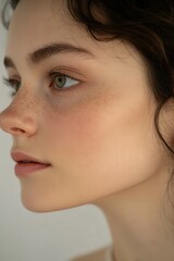 Fototapeta premium Portrait of a young woman with freckled skin and green eyes