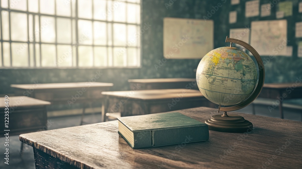 Aufkleber Globe and Book Rest on Old School Desk