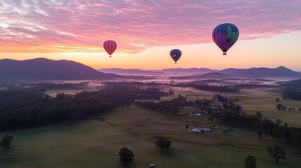 Obraz premium Hot Air Balloons Soaring Over Misty Valley Sunrise
