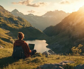 Digital nomad working on a laptop in breathtaking mountains
