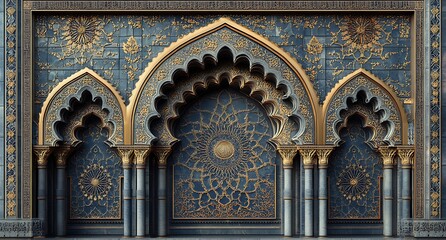 Obraz premium Ornate Blue and Gold Islamic Arches and Intricate Geometric Patterns on a Mosque Wall
