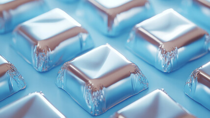 Shiny foil packages arranged in a grid pattern.