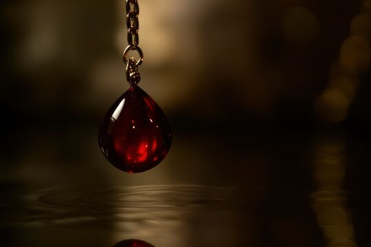 Red teardrop gemstone pendant hanging on gold chain