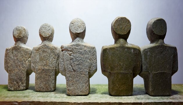 돌로 다듬어진 여러 인간 모형이 한 줄로 서 있는 장면. 각 조각은 사회적 분열과 차이를 상징