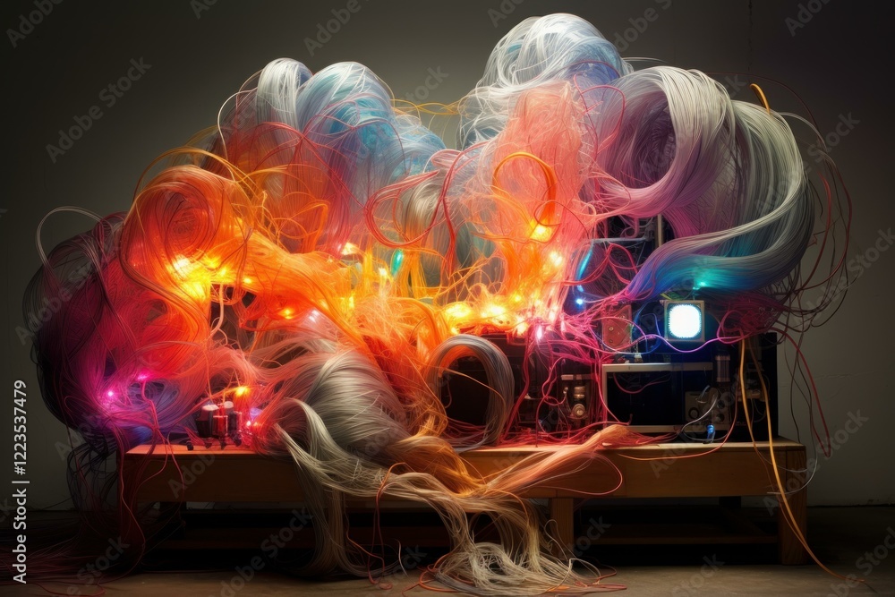 Poster fiber optic cables creating a colorful and illuminated abstract composition with electronic devices